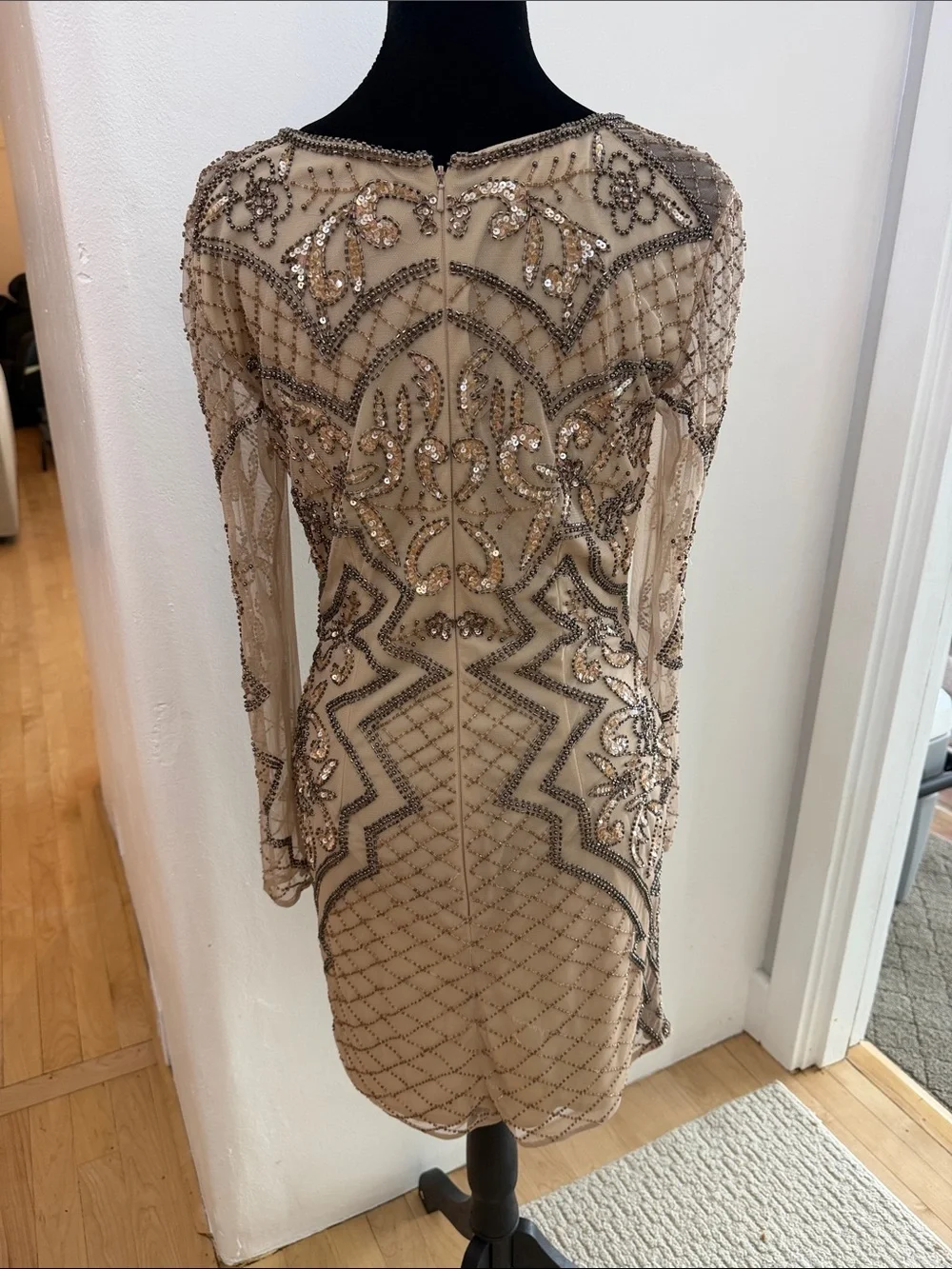 LARA Nude Long-Sleeve Beaded Cocktail Dress with Silver Accents